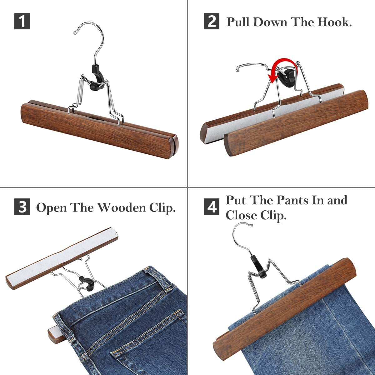 12 Pack Solid Wood Walnut Pants Hangers with Non-Slip Clips, 360 °   Swivel Hook, Skirt & Trouser Organizer Hanger for Closet Storage and Home Use