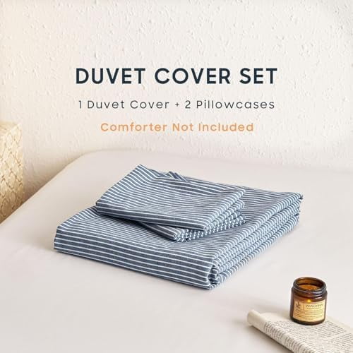 - Striped Cotton Duvet Cover Set, 100% Washed Cotton Textured Percale Bedding Set, Ticking Stripe Pinstripe Farmhouse, 3 Pieces, Denim Blue, Queen Size