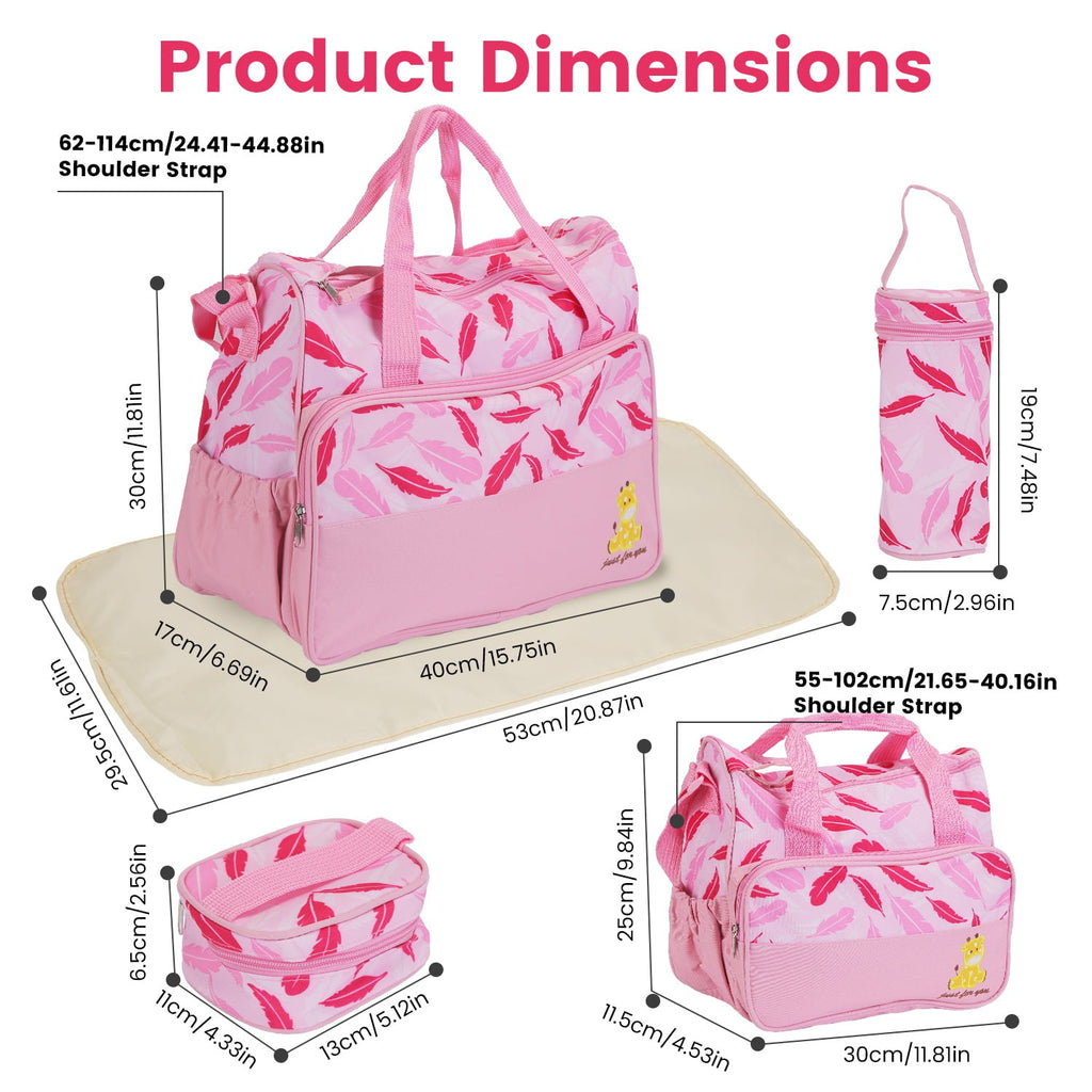 5Pcs Diaper Bag Tote Portable Baby Bag with Food Bag Diaper Pad Bottle Bag Travel Tote Bags for Boys and Girls Pink