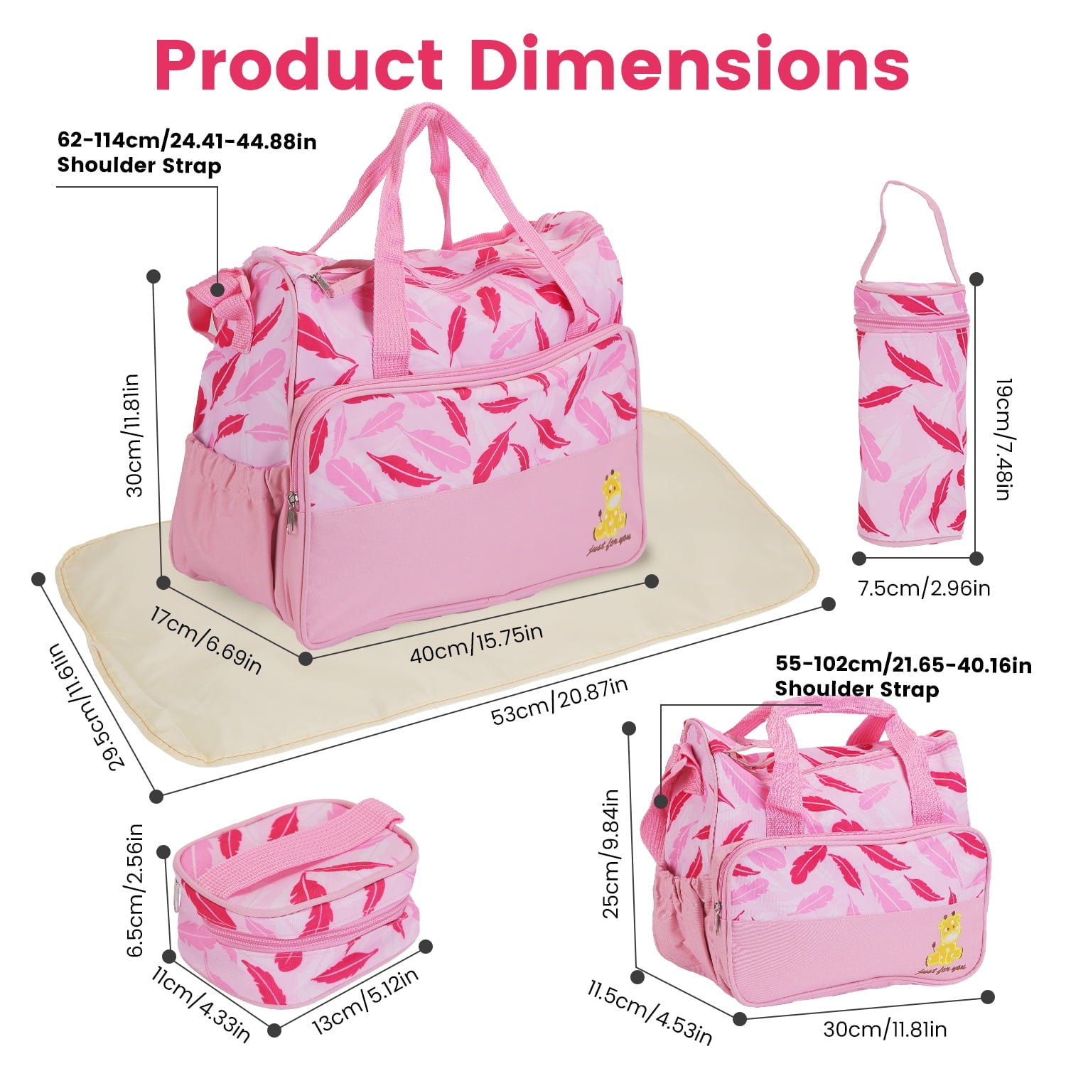 5Pcs Diaper Bag Tote Portable Baby Bag with Food Bag Diaper Pad Bottle Bag Travel Tote Bags for Boys and Girls Pink