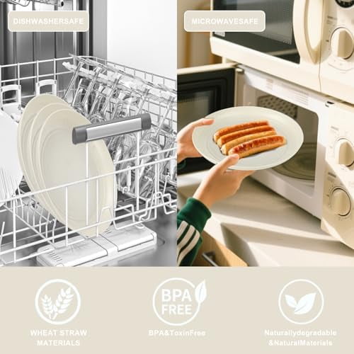 32pcs Wheat Straw Dinnerware Sets, White Dishes for 8, Plates and Bowls Sets, Reusable Plastic Plates, Microwave Dishwasher Safe, White Plastic Dinnerware Set