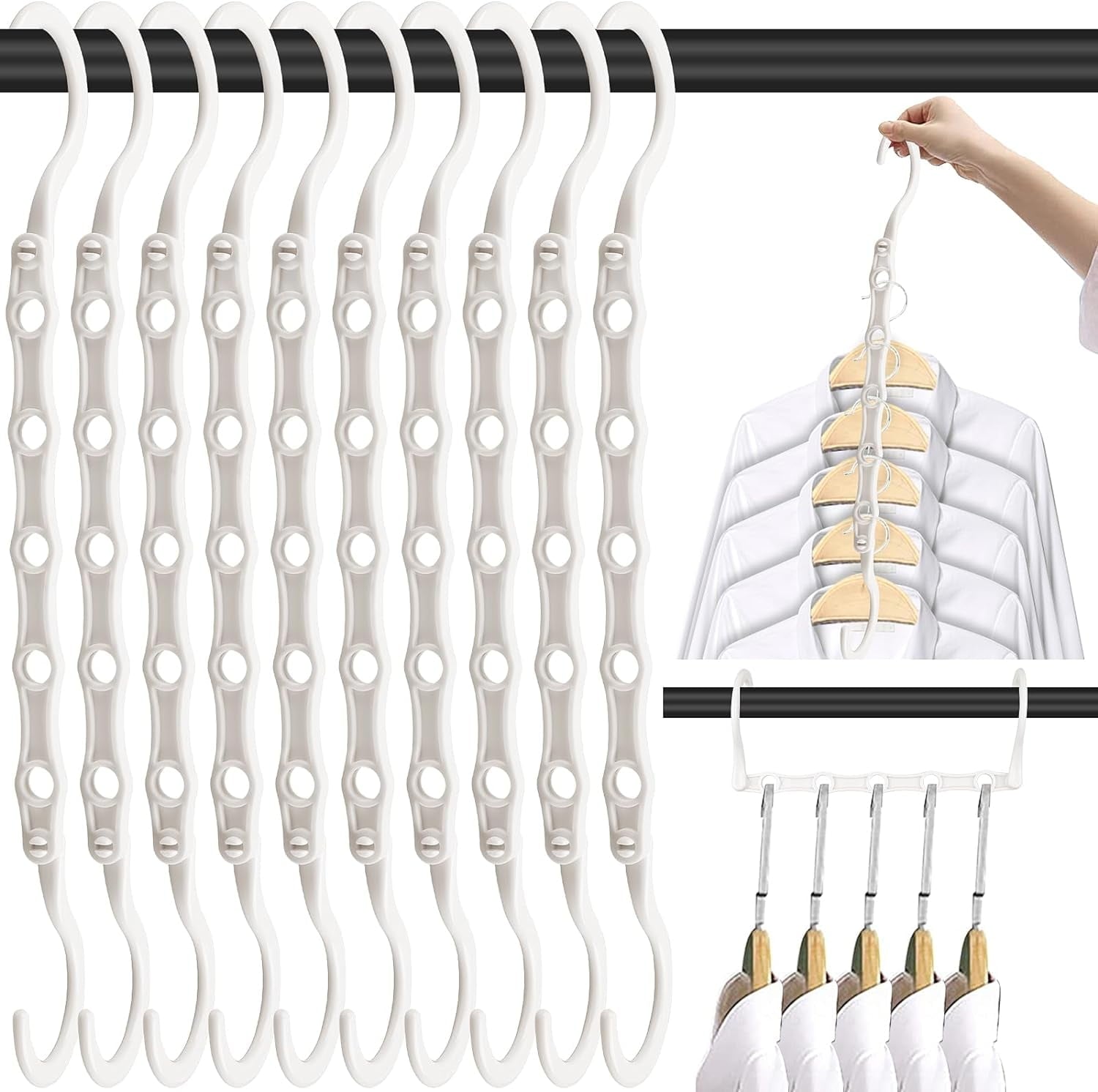 10 PCS Space Saving Hangers, 5-Hole Magic Hangers - Sturdy Plastic Hanger, Closet Organizers for Clothes Storage, College Dorm Essentials