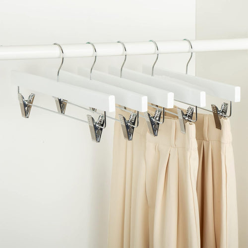 10-Pack Basics White Wooden Pants & Skirt Hangers with Clips, Durable Closet Organizer for Clothes, Pants & Skirts
