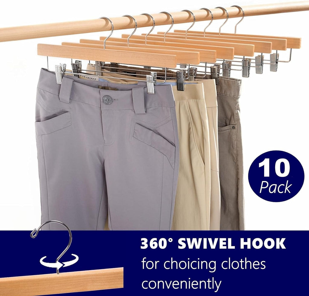 10-Pack Wooden Hangers for Pants & Skirts, Natural Wood with 2 Adjustable Clips for Jeans, Slacks & Shorts, Closet Storage Organizer