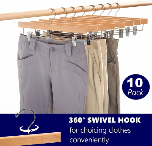 10-Pack Wooden Hangers for Pants & Skirts, Natural Wood with 2 Adjustable Clips for Jeans, Slacks & Shorts, Closet Storage Organizer