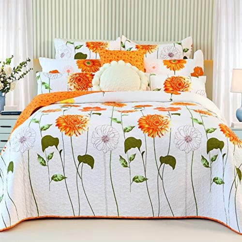 100% Cotton Quilt Queen Size Orange Sunflower Bedding Set Floral Lightweight Quilt Reversible Coverlet Bedspread with 2 Pillow Shams All Seasons 3 Pieces (92"x96")