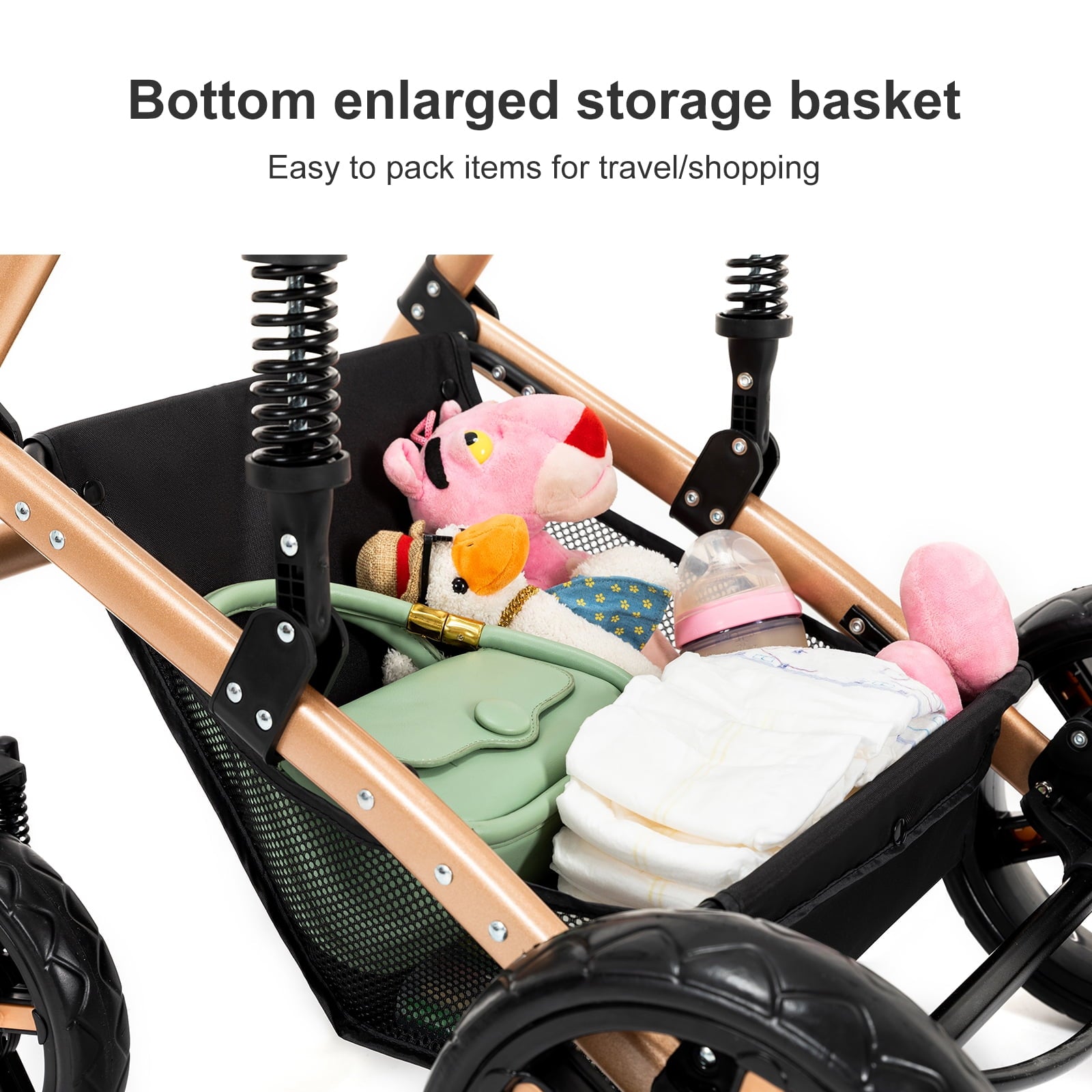2 in 1 Baby Stroller Portable Infant Stroller with Storage Bag,Cup Holder, for Newborn/Child/Toddler,Unisex,BLACK&GOLD