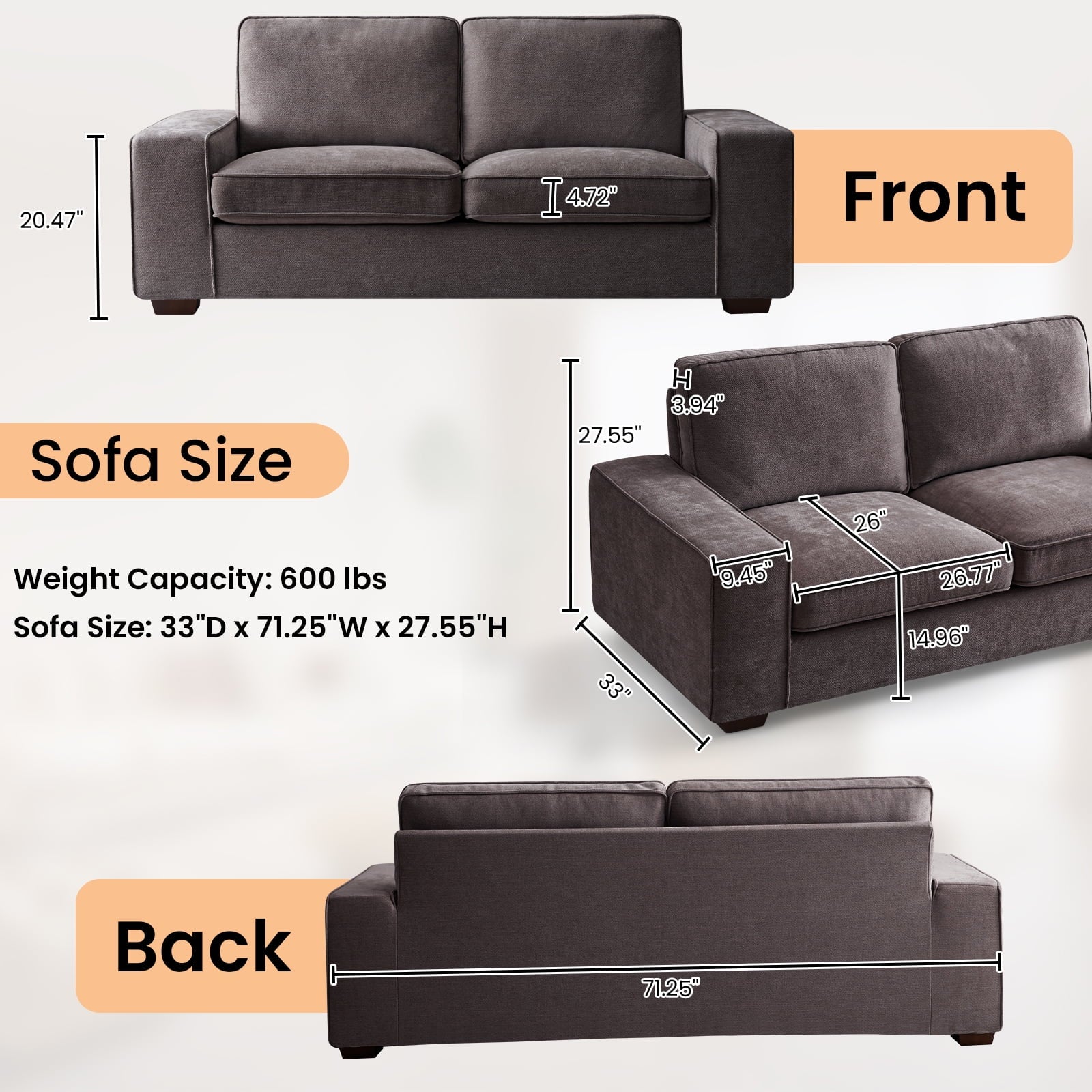 71.25" Comfy Sofa with Adjustable Headrest for Living Room Couches for small Apartment Furniture