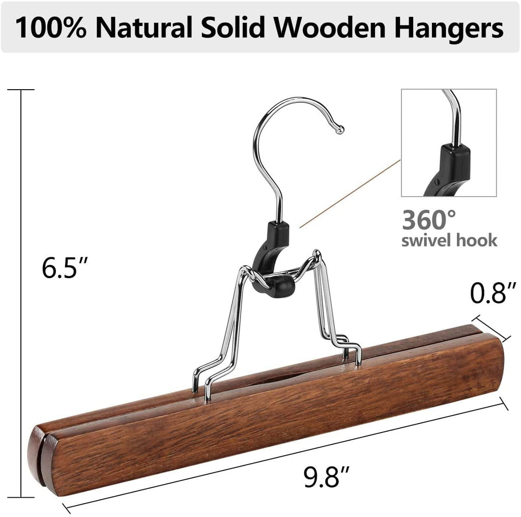 12 Pack Solid Wood Walnut Pants Hangers with Non-Slip Clips, 360 °   Swivel Hook, Skirt & Trouser Organizer Hanger for Closet Storage and Home Use