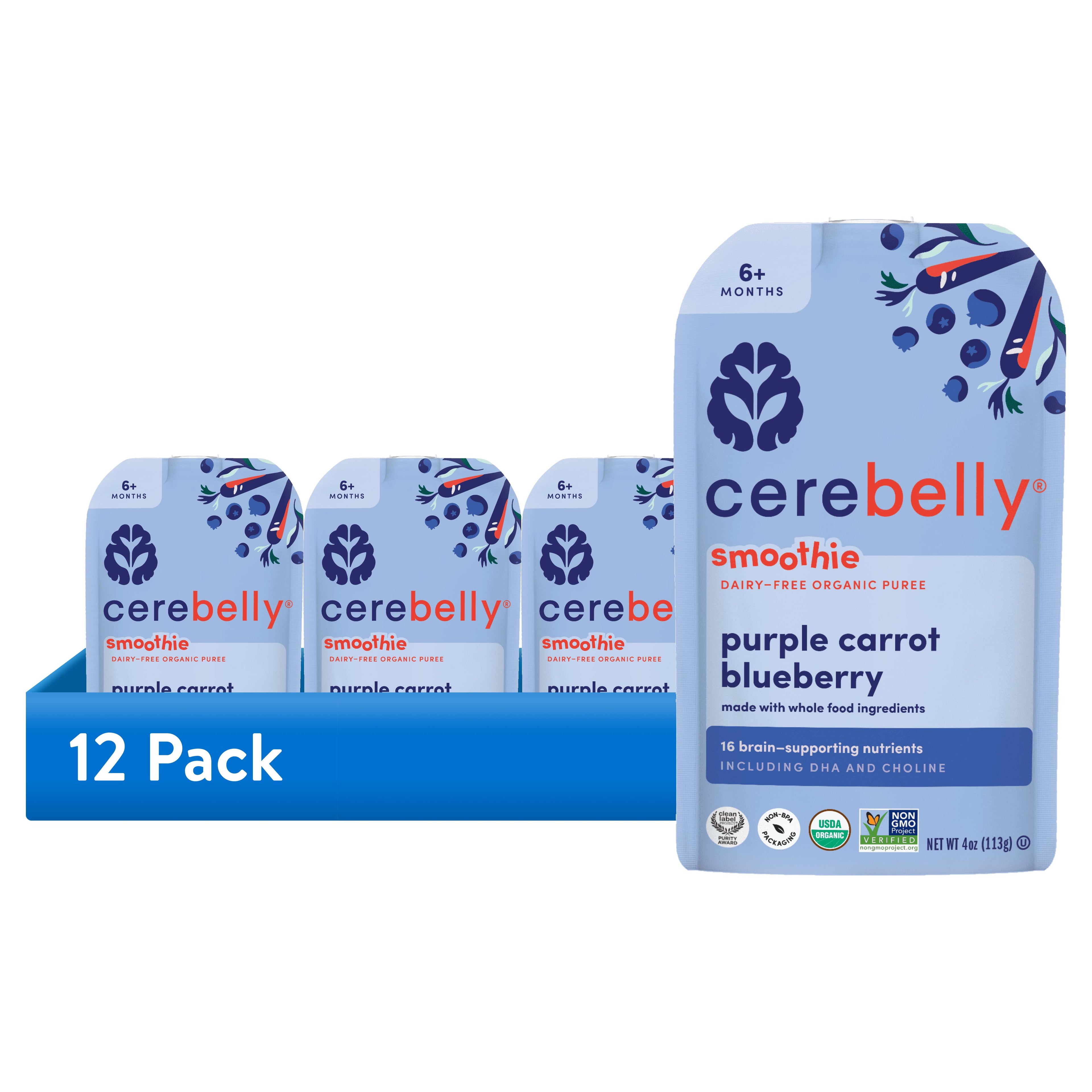 (12 pack) Cerebelly Organic Stage 2 Baby Food, Purple Carrot Blueberry Banana Smoothie, 4 oz, Pouch