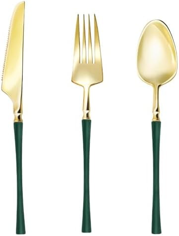 150pcs Gold Plastic Silverware, High End Disposable Cutlery with Pink Handle Include 50 Forks, 50 Spoons, 50 Knives, Perfect for Birthdays, Parties, Weddings, and More