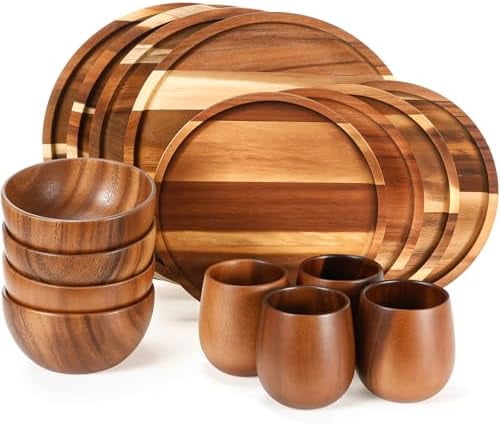 16 Pcs Acacia Wood Dinnerware Set, Round Wooden Plates,Solid Wooden Bowls and Tea Cups, Acacia Wood Tableware Supplies, Easy Cleaning & Lightweight for Dishes Snack, Dessert, Set for 4