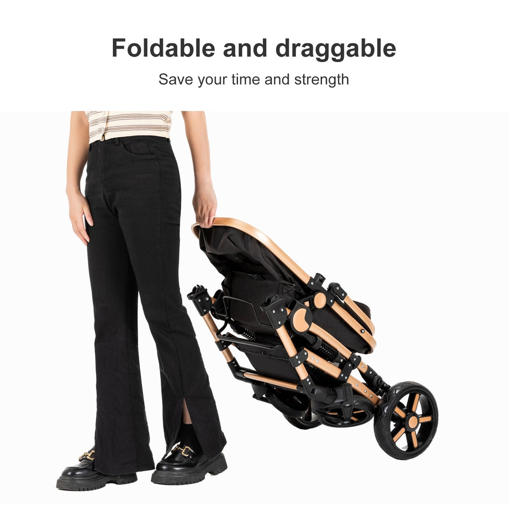 2 in 1 Baby Stroller Portable Infant Stroller with Storage Bag,Cup Holder, for Newborn/Child/Toddler,Unisex,BLACK&GOLD