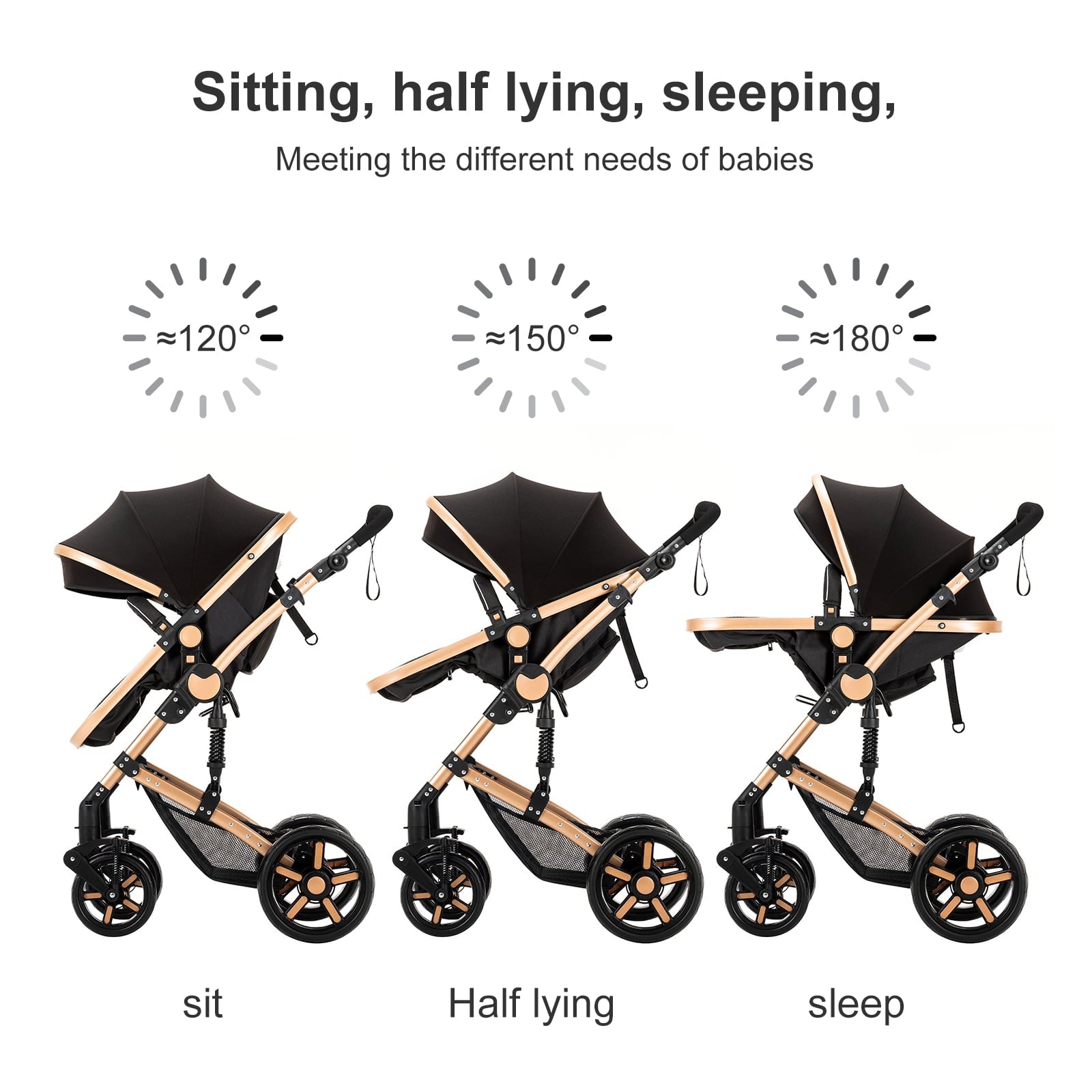 2 in 1 Baby Stroller Portable Infant Stroller with Storage Bag,Cup Holder, for Newborn/Child/Toddler,Unisex,BLACK&GOLD