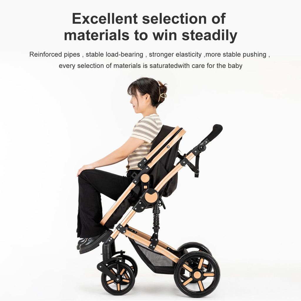 2 in 1 Baby Stroller Portable Infant Stroller with Storage Bag,Cup Holder, for Newborn/Child/Toddler,Unisex,BLACK&GOLD
