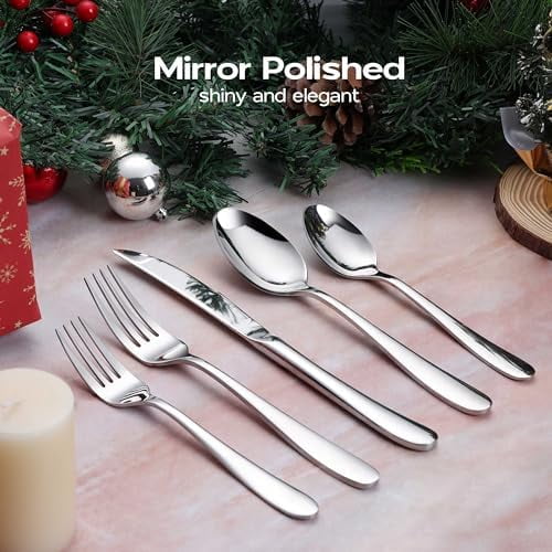 65 Piece Heavy Duty Silverware Set with Serving Pieces, Stainless Steel Cutlery Flatware Set for 12