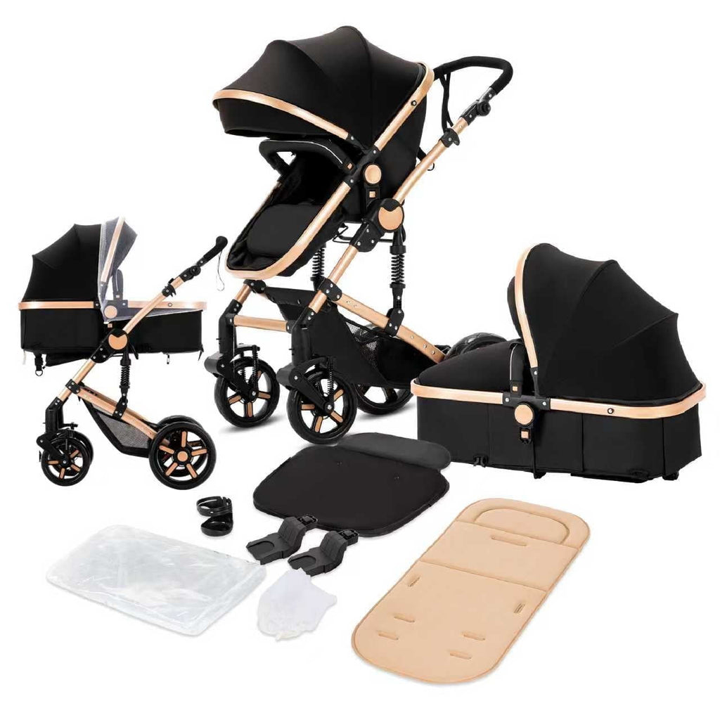 2 in 1 Baby Stroller Portable Infant Stroller with Storage Bag,Cup Holder, for Newborn/Child/Toddler,Unisex,BLACK&GOLD