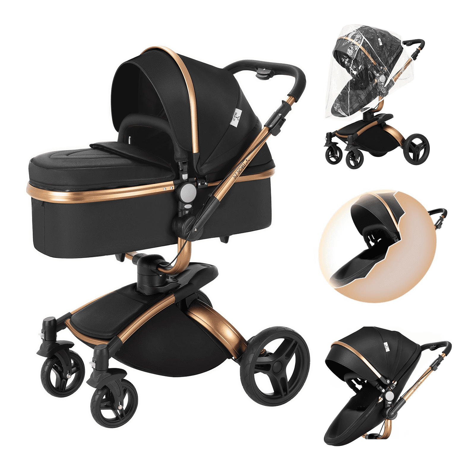 2 in 1 Convertible Baby Stroller ,Reversible Travel Stroller with Foldable Carriage,  Removable Bassinet Pram for Newborns,Infant,Unisex,BLACK
