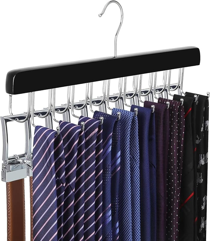 20 Hooks 2 in 1 Belt Tie Hanger for Closet Max 30 Belts with 30 Ties Capacity, Belt Tie Racks Wooden Hanger for Closet Organizer Storage “U” Fits for Belts and “One” Fits for Ties - CT47B