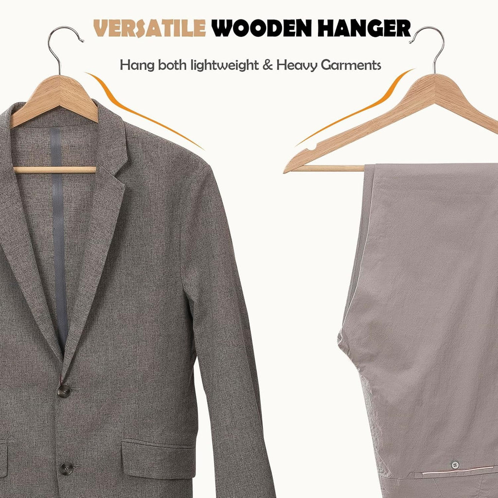 20-Pack Natural Wooden Suit Hangers, Solid Wood with Chrome Swivel Hook, Extra Smooth Finish & Notched Design for Shirts, Coats, Jackets & Dresses