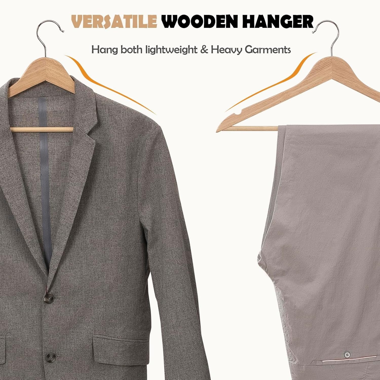 20-Pack Natural Wooden Suit Hangers, Solid Wood with Chrome Swivel Hook, Extra Smooth Finish & Notched Design for Shirts, Coats, Jackets & Dresses