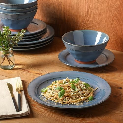 12 Piece (Service for 4) Townscape Plates and Bowls Reactive Glaze Embossed Round Dishes Terracotta Ceramic Dinnerware Set - Dark Green