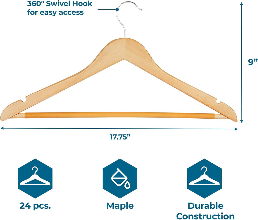 24-Pack Sturdy Maple Wood Hangers with Non-Slip Grooved Bar, Durable and Stylish Hangers for Shirts, Suits & Jackets, Closet Storage Solution
