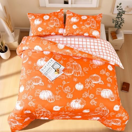 3 Piece Fall Duvet Cover Queen Size Thanksgiving Pumpkin Queen Duvet Covers Set, Reversible Soft Breathable Comforter Cover Autumn Bedding Set for Thanksgiving Decor, Orange, 90'' x 90''