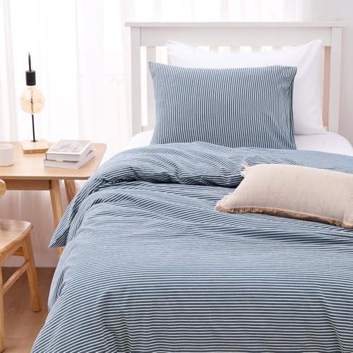 - Striped Cotton Duvet Cover Set, 100% Washed Cotton Textured Percale Bedding Set, Ticking Stripe Pinstripe Farmhouse, 3 Pieces, Denim Blue, Queen Size