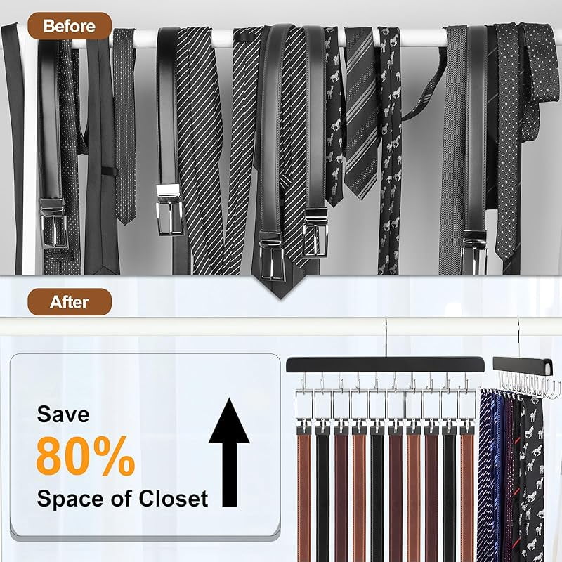 20 Hooks 2 in 1 Belt Tie Hanger for Closet Max 30 Belts with 30 Ties Capacity, Belt Tie Racks Wooden Hanger for Closet Organizer Storage “U” Fits for Belts and “One” Fits for Ties - CT47B
