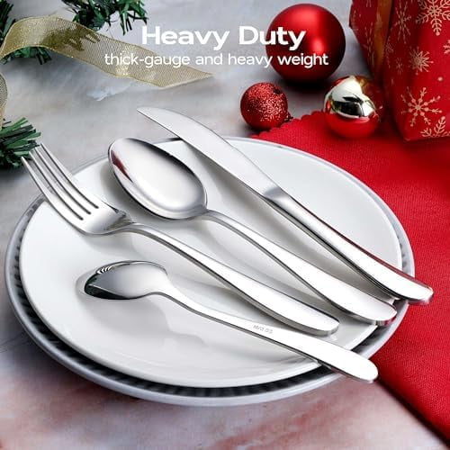 65 Piece Heavy Duty Silverware Set with Serving Pieces, Stainless Steel Cutlery Flatware Set for 12