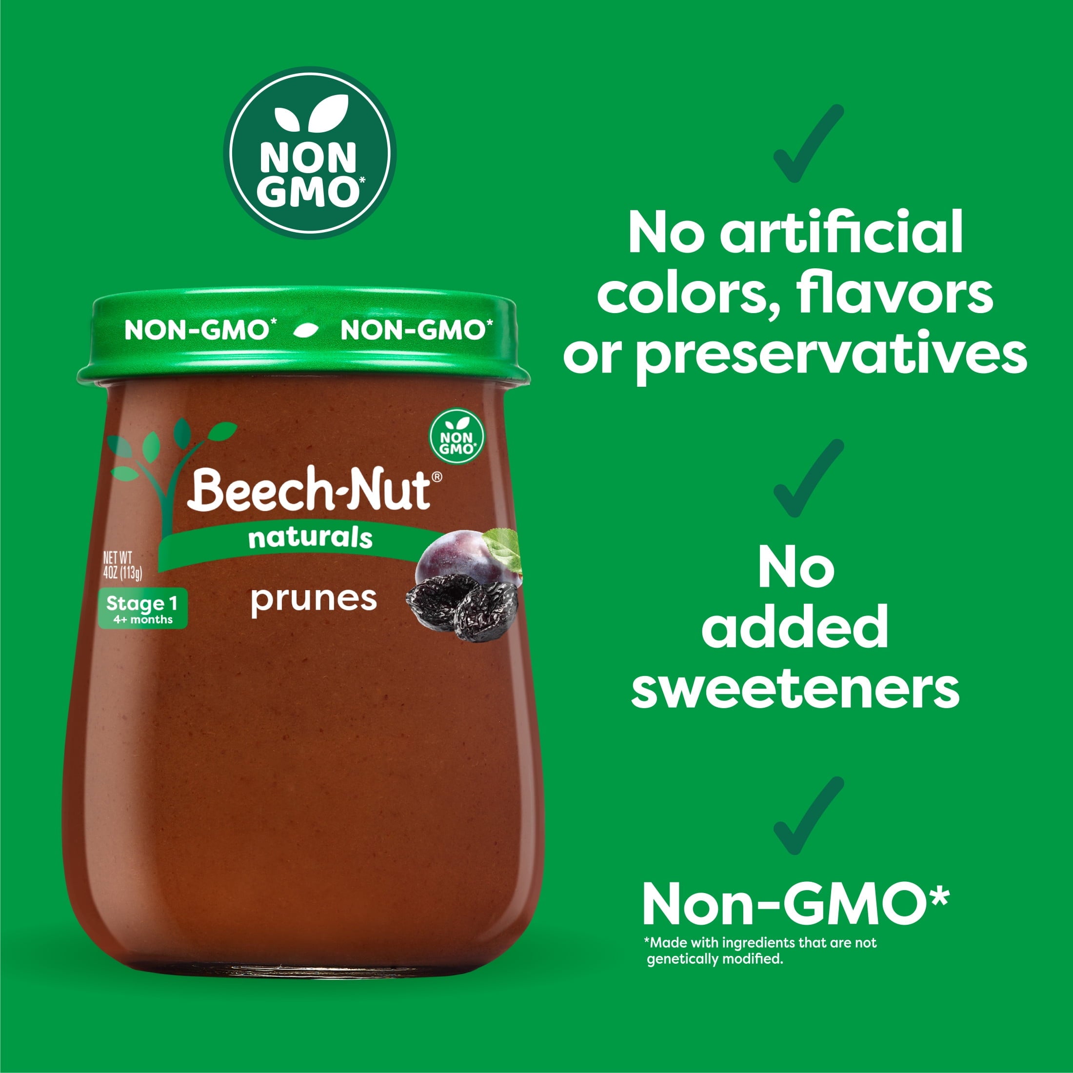 (10 pack) Beech-Nut Naturals Stage 1 Baby Food, Prunes, 4 oz Jar