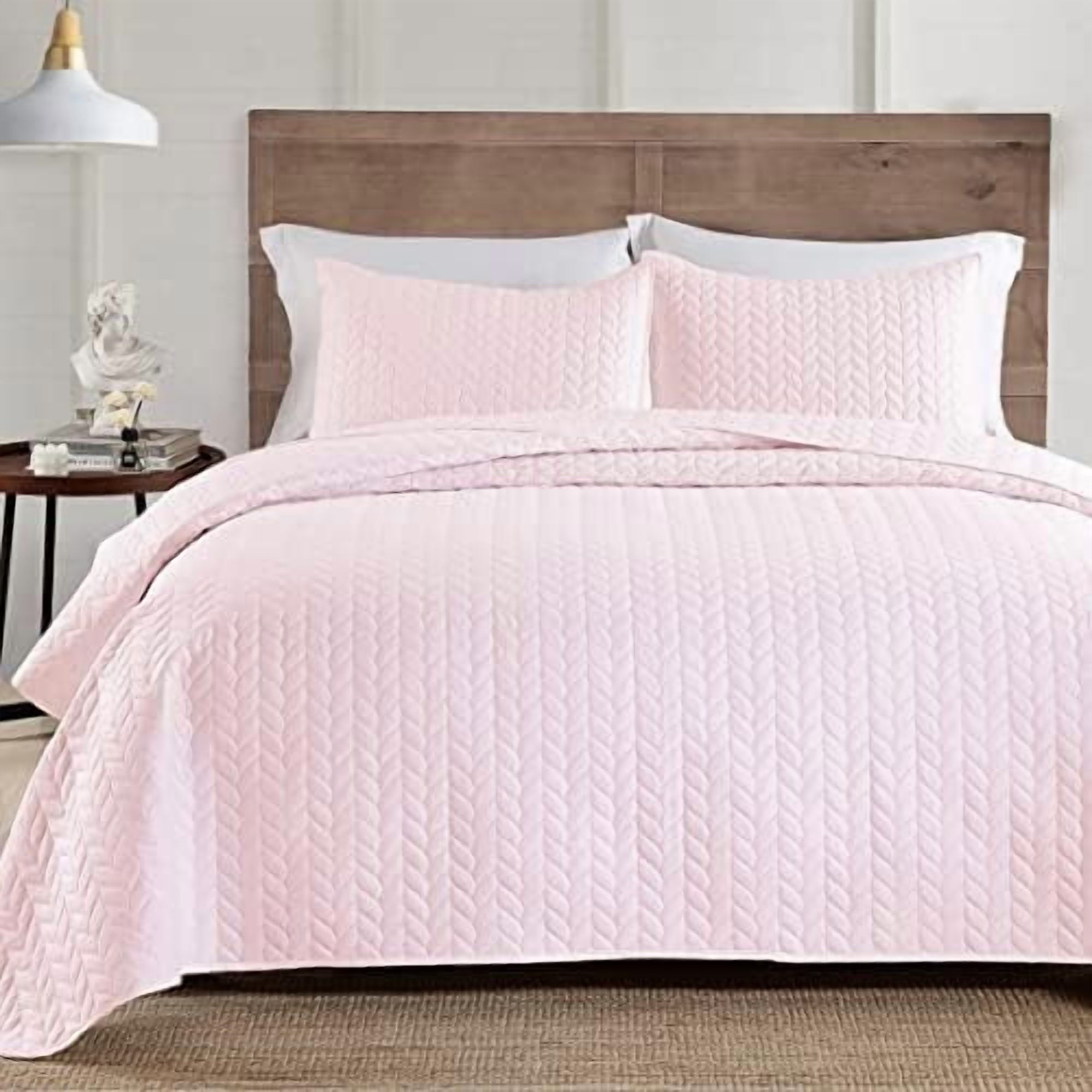 3-Piece Queen Quilt Set, Lightweight Soft Warm Full Size Leaf Embroidered Bedspread Coverlet (90x90 inches) with 2 Pillow Shams (20x26 inches) for All Season, Pink