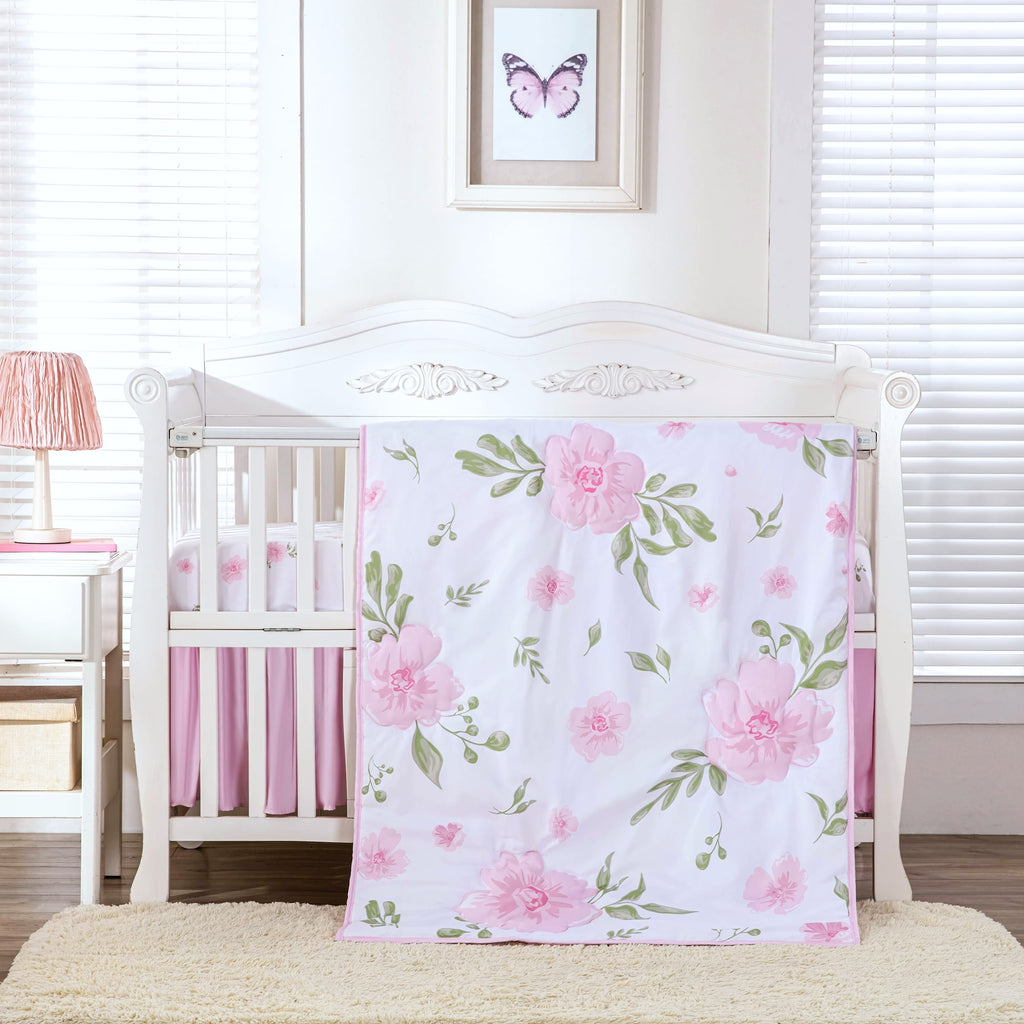 3 pieces pink flowers crib bedding set