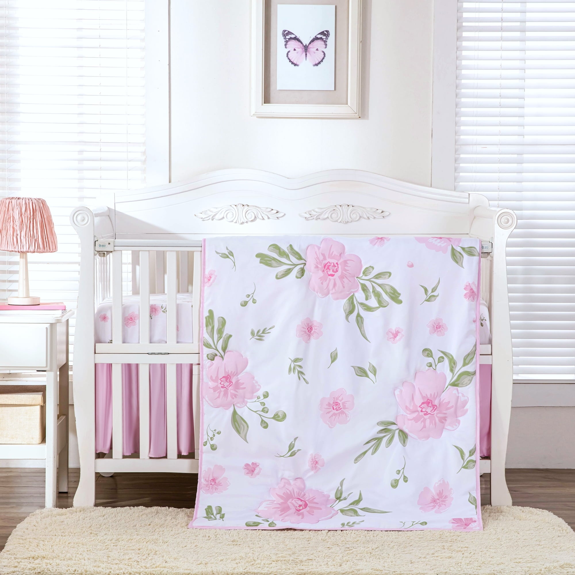 3 pieces pink flowers crib bedding set