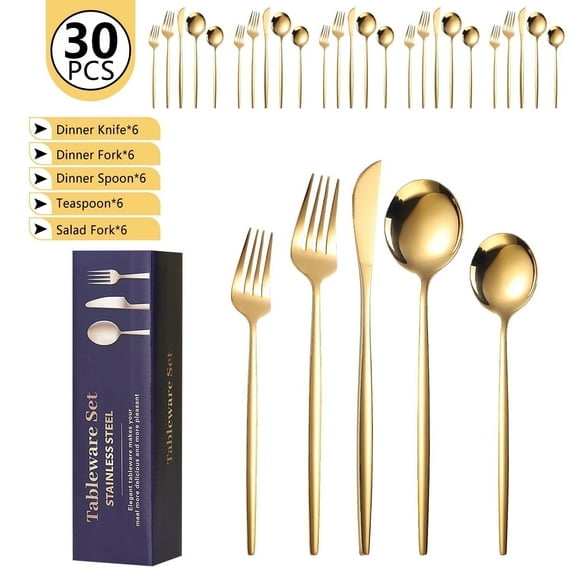 30 Piece Big Gold Silverware Set, Durable Stainless Steel Cutlery Set Service for 6 – Clearance Deal! Mirror Polished Kitchen Utensils Tableware, Knife Fork Spoon Flatware Sets, Suitable for Children