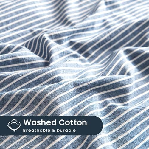 - Striped Cotton Duvet Cover Set, 100% Washed Cotton Textured Percale Bedding Set, Ticking Stripe Pinstripe Farmhouse, 3 Pieces, Denim Blue, Queen Size