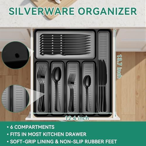 49-Piece Black Silverware Set with Organizer, Stainless Steel Flatware Set for 8 with Drawer Tray, Cutlery Steak Knives Fork Spoon for Home Restaurant, Mirror Finish, Dishwasher Safe