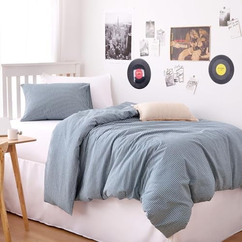 - Striped Cotton Duvet Cover Set, 100% Washed Cotton Textured Percale Bedding Set, Ticking Stripe Pinstripe Farmhouse, 3 Pieces, Denim Blue, Queen Size