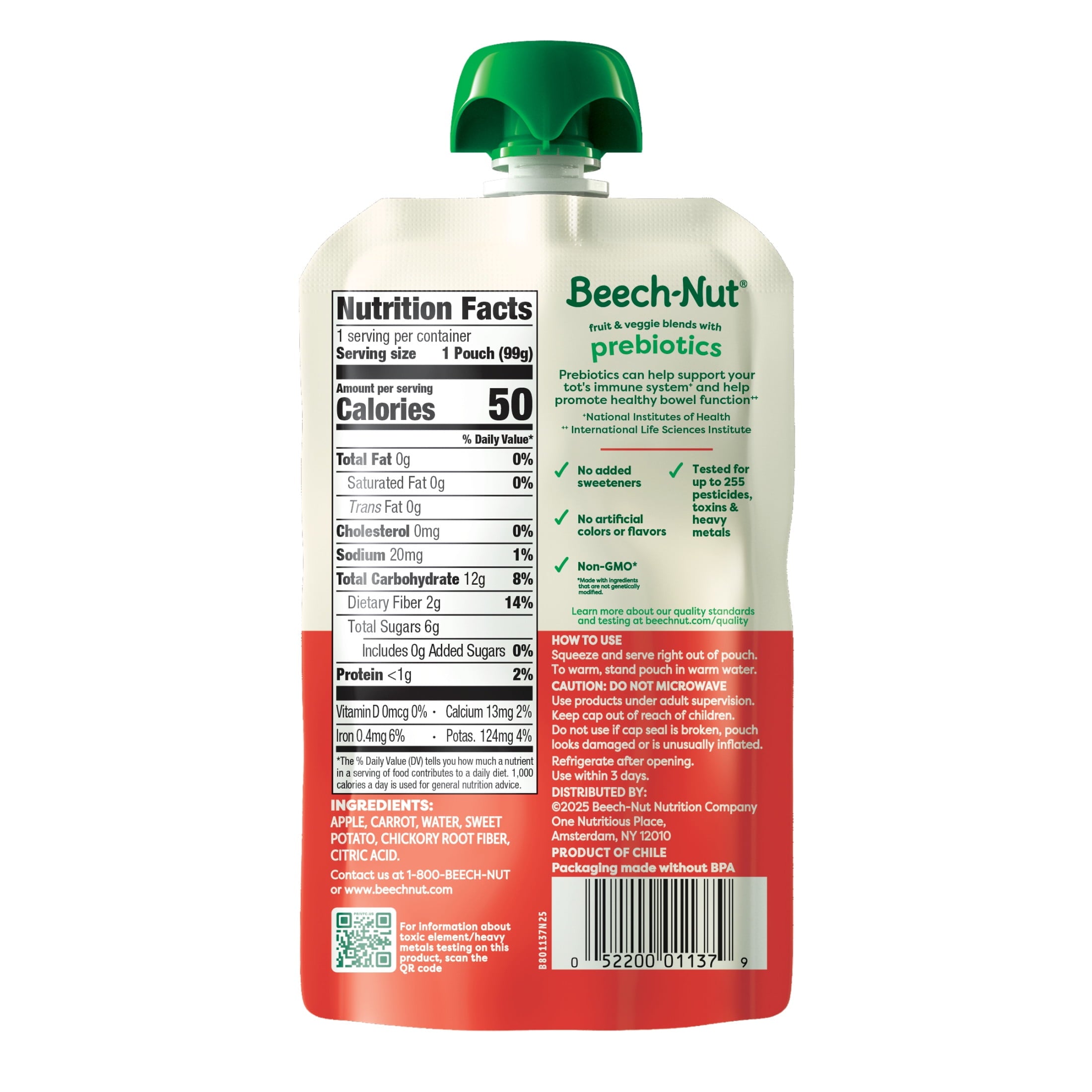 (12 pack) Beech-Nut Prebiotic Fiber Stage 4 Toddler Food, Carrot Apple & Sweet Potato, 3.5 oz Pouch