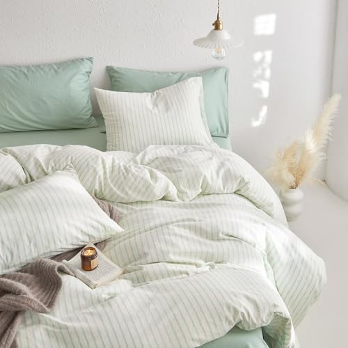 - Striped Cotton Duvet Cover Set, Ticking Stripe Vertical Pinstripe Farmhouse, 100% Washed Cotton Textured Percale Bedding Set, 3 Pieces, Navy Blue, Queen Size