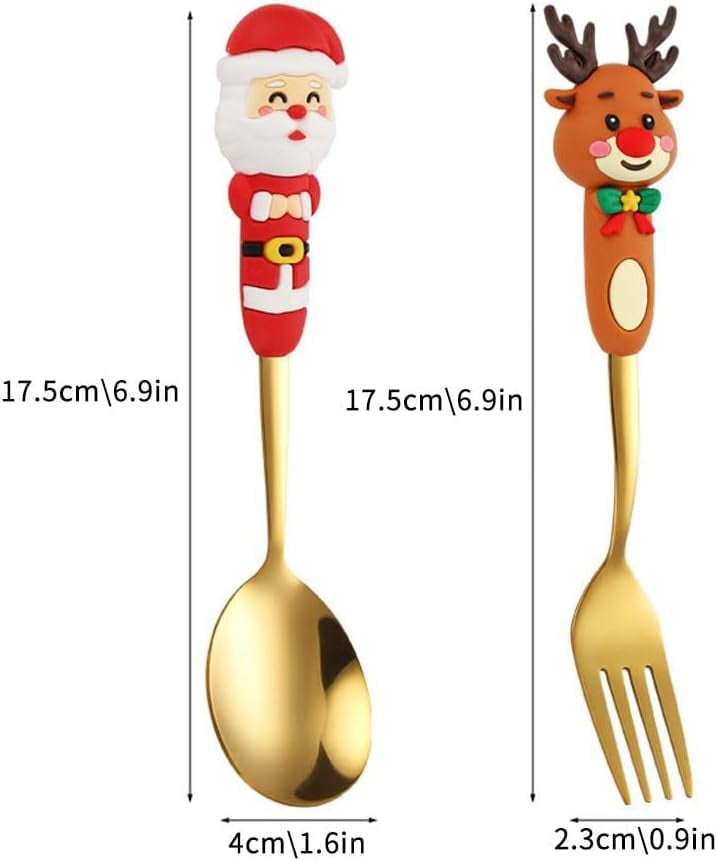 4Pcs Christmas Spoon Fork Set,Christmas Cutlery, Coffee Spoons Coffee Stirrer Dessert Spoon Fruit Fork,Xmas Dinner ForksStainless Steel Set with Gift Box, Xmas Tree Santa Snowman Elk Spoons