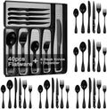49-Piece Black Silverware Set with Organizer, Stainless Steel Flatware Set for 8 with Drawer Tray, Cutlery Steak Knives Fork Spoon for Home Restaurant, Mirror Finish, Dishwasher Safe