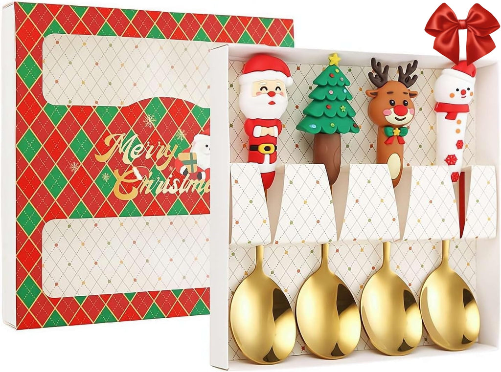 4Pcs Christmas Spoon Fork Set,Christmas Cutlery, Coffee Spoons Coffee Stirrer Dessert Spoon Fruit Fork,Xmas Dinner ForksStainless Steel Set with Gift Box, Xmas Tree Santa Snowman Elk Spoons