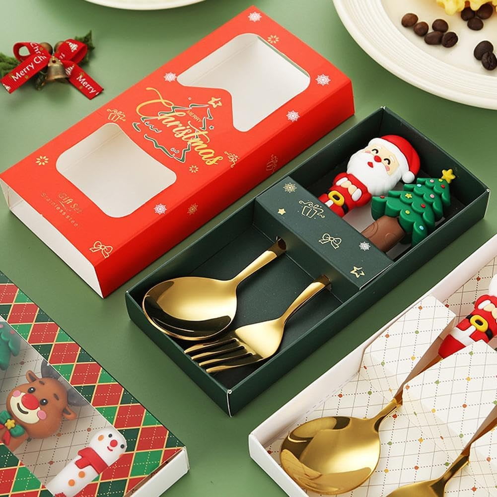4Pcs Christmas Spoon Fork Set,Christmas Cutlery, Coffee Spoons Coffee Stirrer Dessert Spoon Fruit Fork,Xmas Dinner ForksStainless Steel Set with Gift Box, Xmas Tree Santa Snowman Elk Spoons