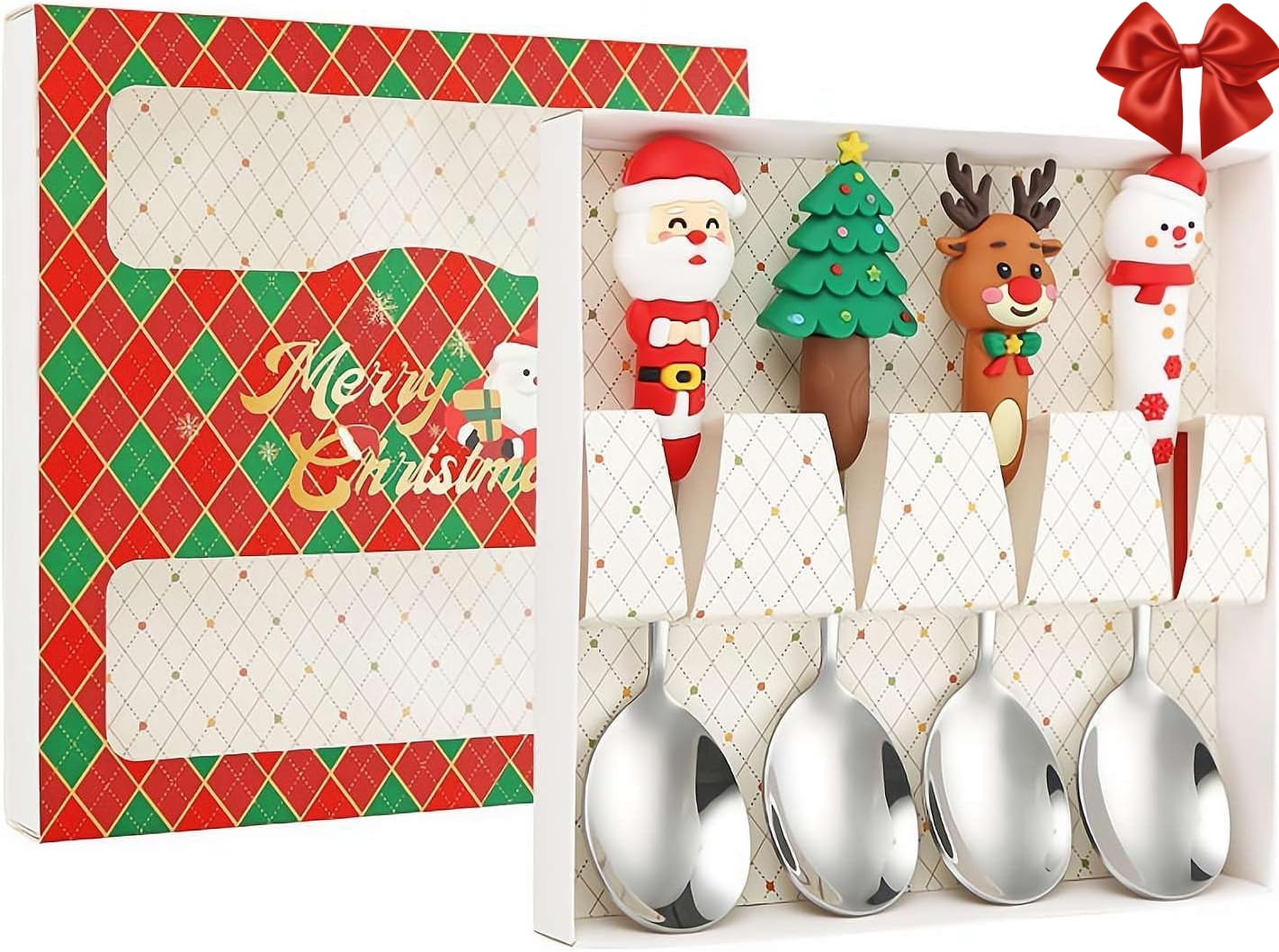 4Pcs Christmas Spoon Fork Set,Christmas Cutlery, Coffee Spoons Coffee Stirrer Dessert Spoon Fruit Fork,Xmas Dinner ForksStainless Steel Set with Gift Box, Xmas Tree Santa Snowman Elk Spoons