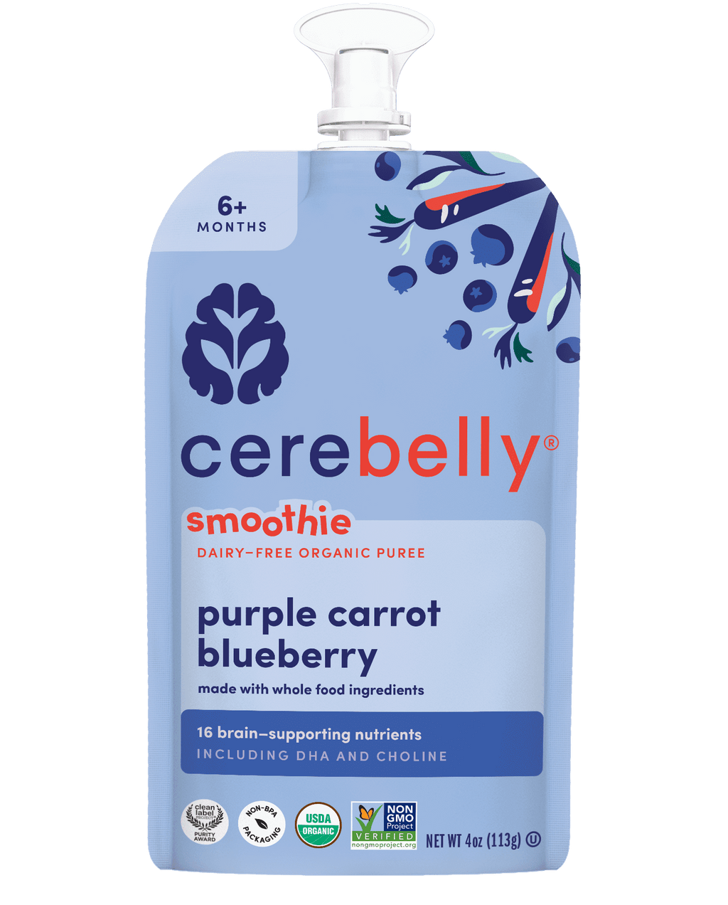 (12 pack) Cerebelly Organic Stage 2 Baby Food, Purple Carrot Blueberry Banana Smoothie, 4 oz, Pouch