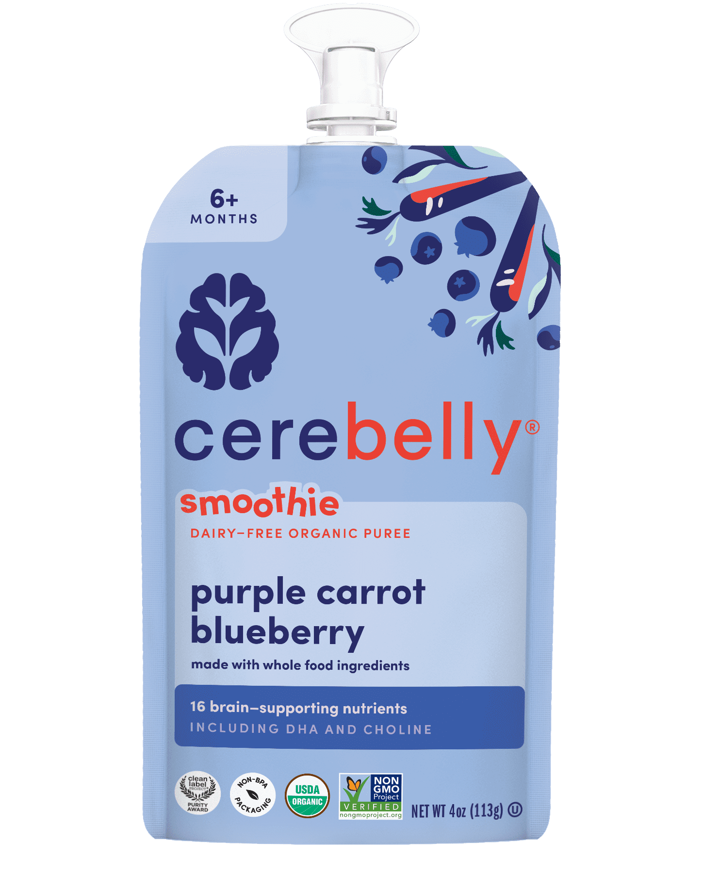 (12 pack) Cerebelly Organic Stage 2 Baby Food, Purple Carrot Blueberry Banana Smoothie, 4 oz, Pouch