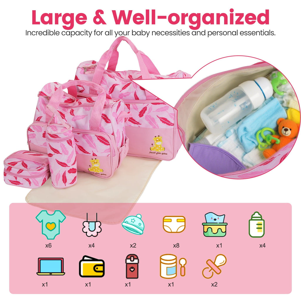 5Pcs Diaper Bag Tote Portable Baby Bag with Food Bag Diaper Pad Bottle Bag Travel Tote Bags for Boys and Girls Pink