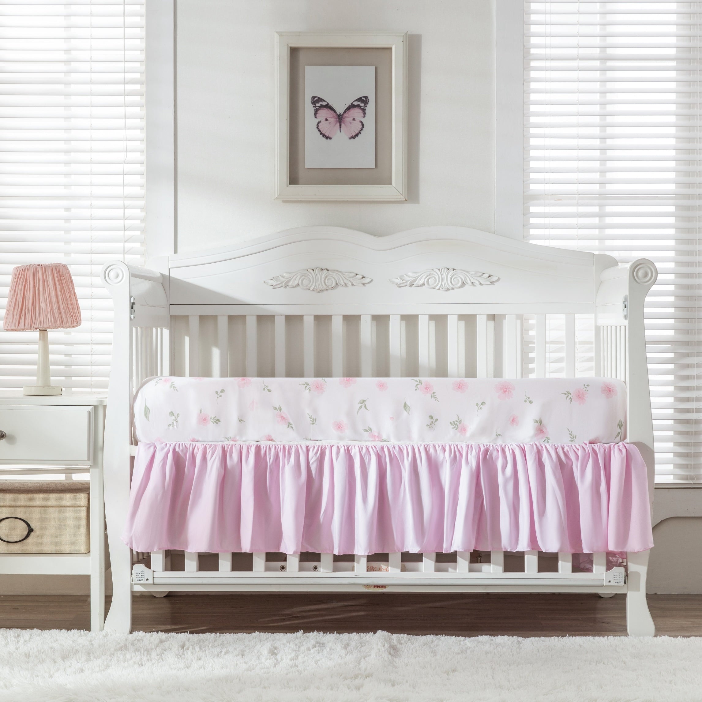 3 pieces pink flowers crib bedding set